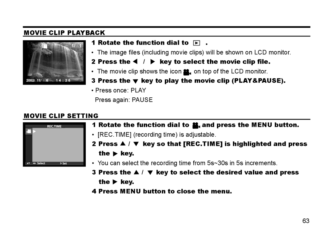 Gateway DC-M50 manual Movie Clip Playback, Press the / key to select the movie clip file, Movie Clip Setting 