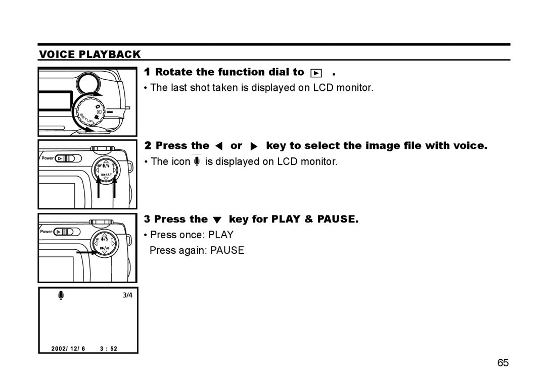 Gateway DC-M50 manual Voice Playback, Press the or key to select the image file with voice, Press the key for Play & Pause 