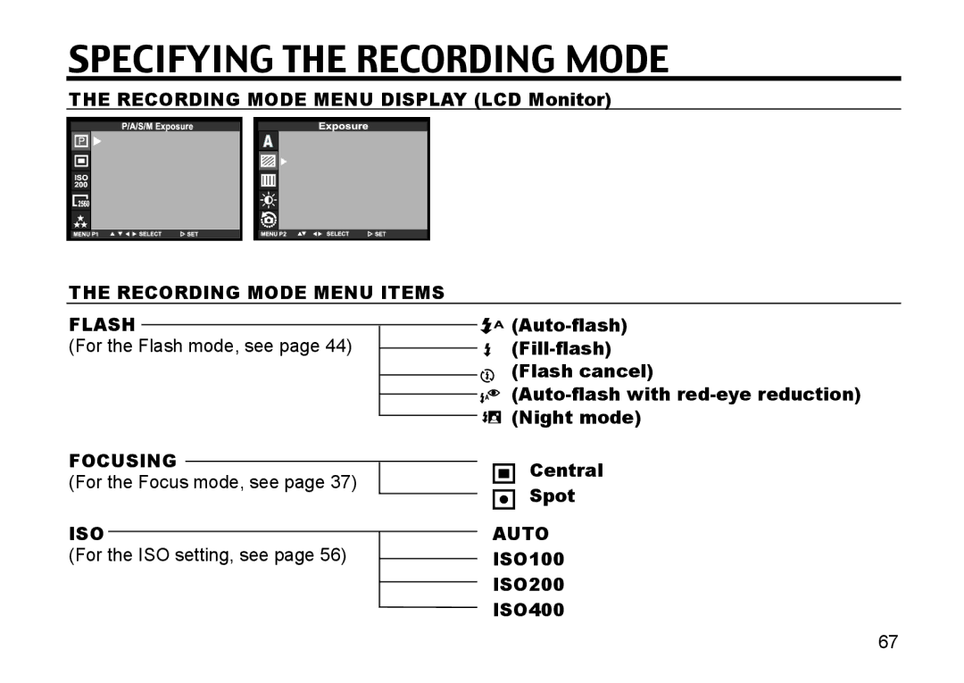 Gateway DC-M50 manual Specifying the Recording Mode, Recording Mode Menu Items Flash, Focusing, ISO Auto 