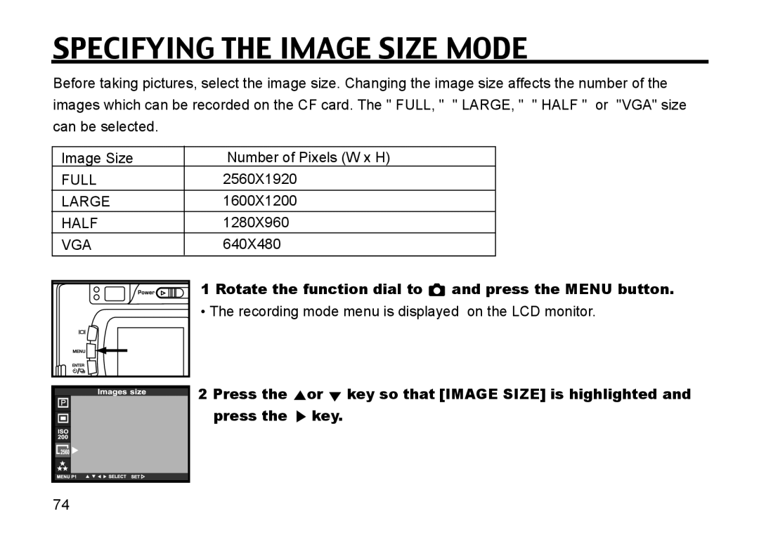 Gateway DC-M50 manual Specifying the Image Size Mode, Or key so that Image Size is highlighted 