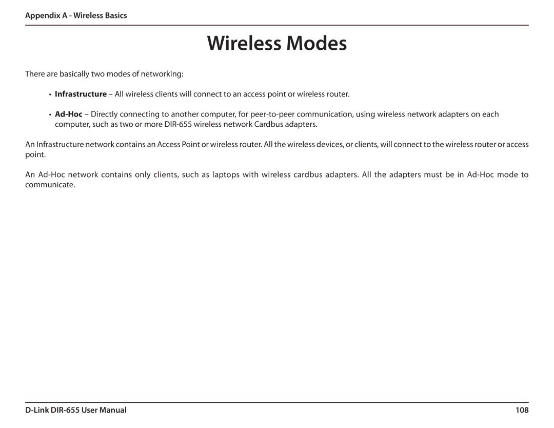 Gateway DIR-655 manual Wireless Modes, 108 