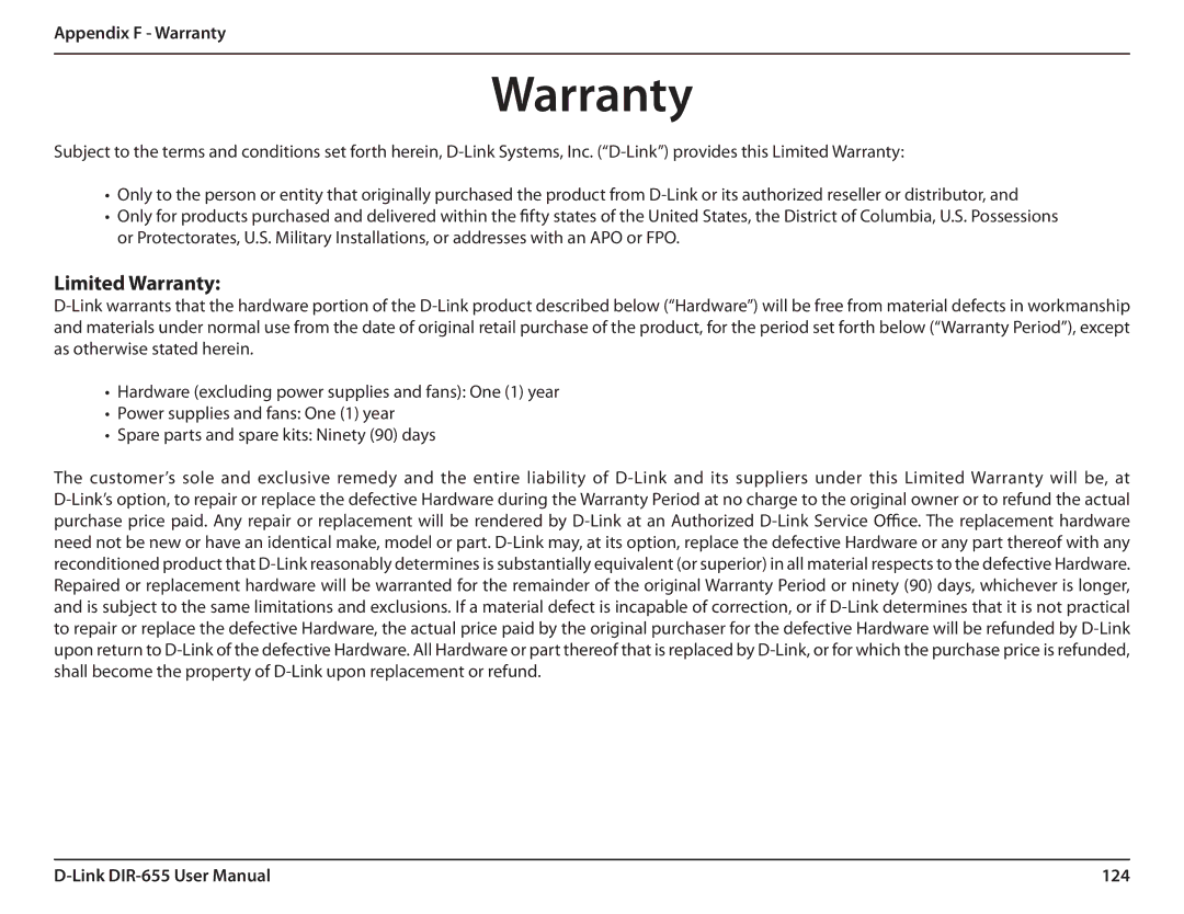 Gateway DIR-655 manual Appendix F Warranty, 124 