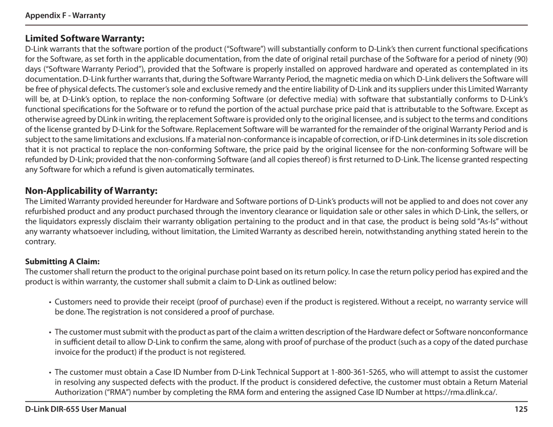 Gateway DIR-655 manual Submitting a Claim, 125 