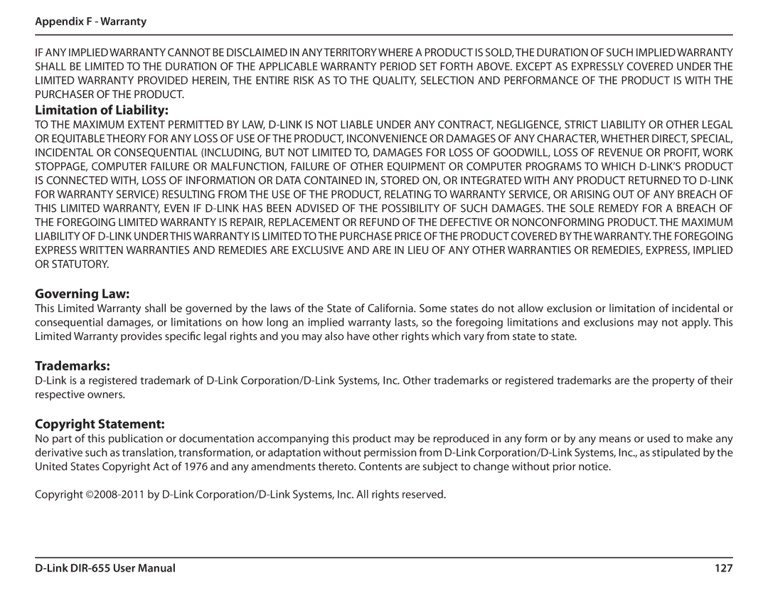 Gateway DIR-655 manual Limitation of Liability, 127 