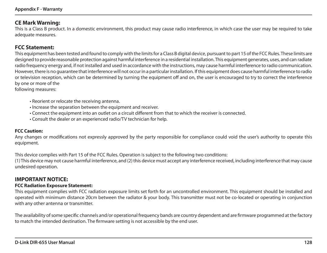 Gateway DIR-655 manual FCC Caution, FCC Radiation Exposure Statement, 128 