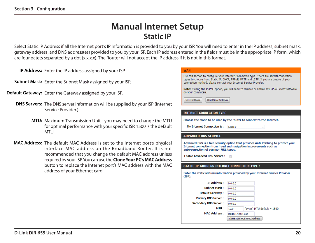 Gateway DIR-655 manual Manual Internet Setup, Static IP 