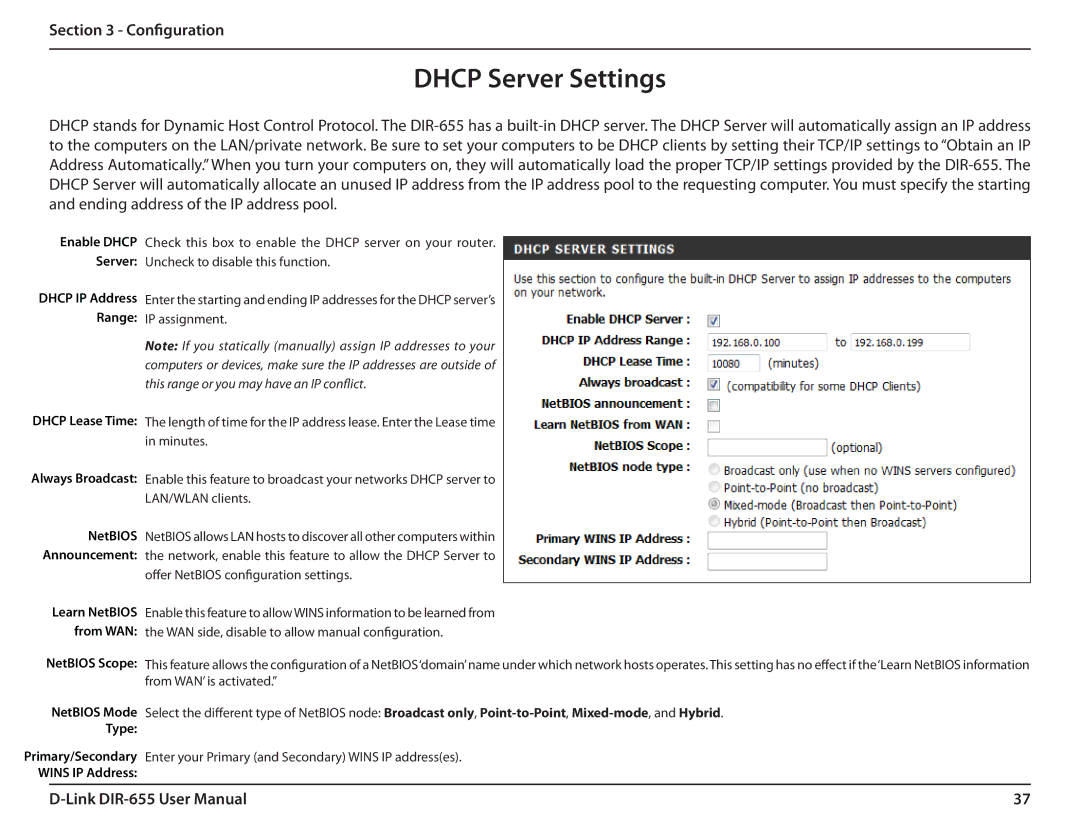 Gateway DIR-655 manual Dhcp Server Settings, NetBIOS Scope 