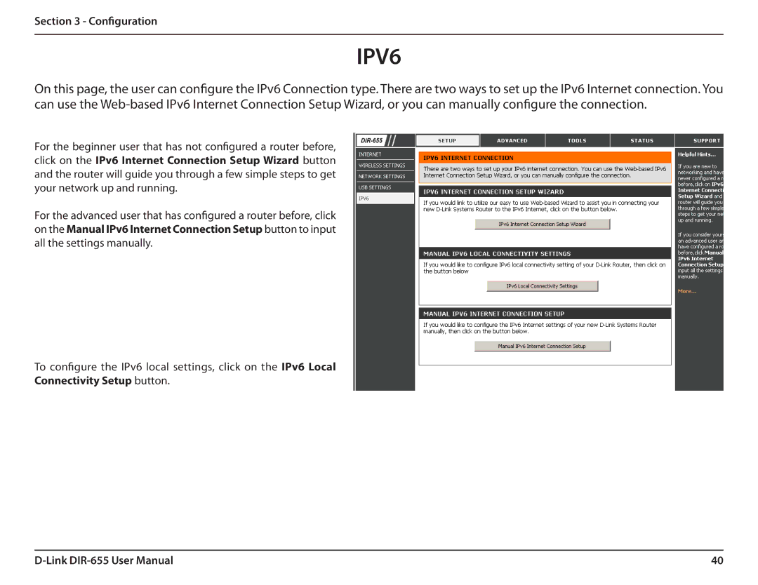 Gateway DIR-655 manual IPV6, Connectivity Setup button 