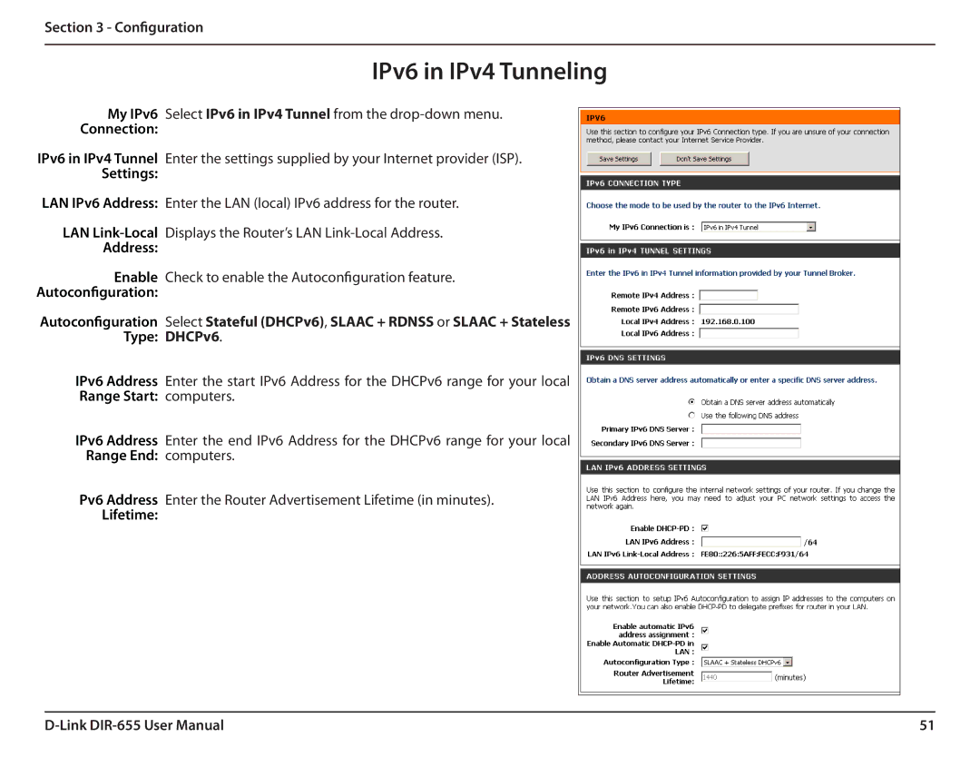 Gateway DIR-655 manual IPv6 in IPv4 Tunneling, Connection, Settings 