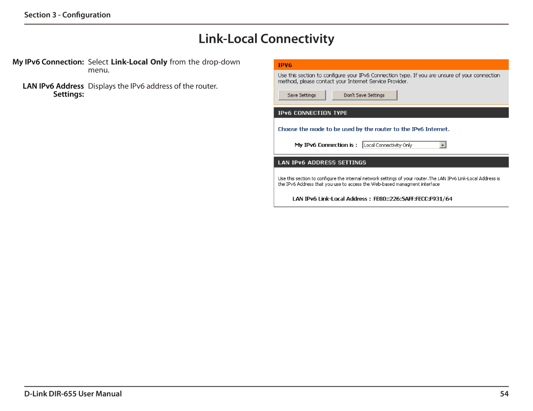 Gateway DIR-655 manual Link-Local Connectivity, Settings 