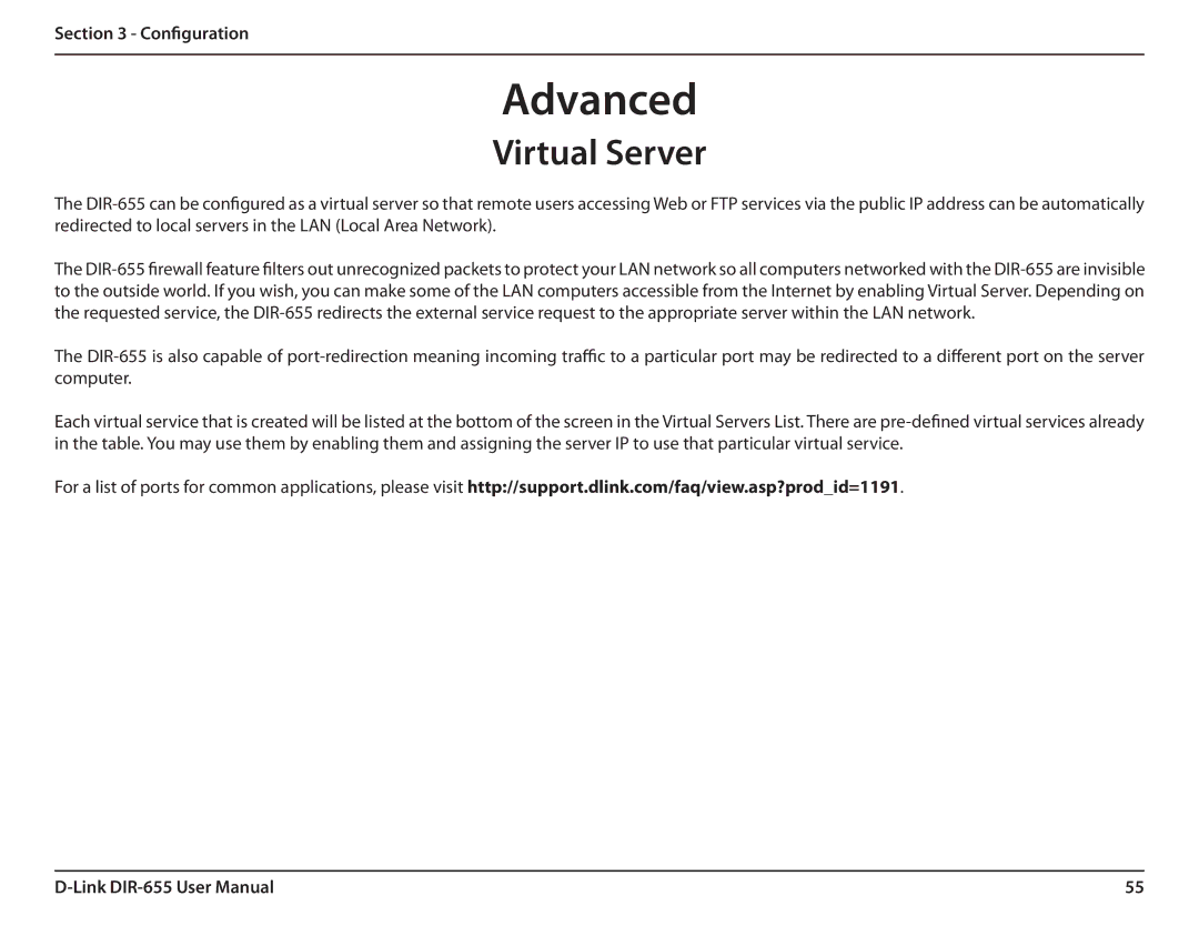 Gateway DIR-655 manual Advanced, Virtual Server 