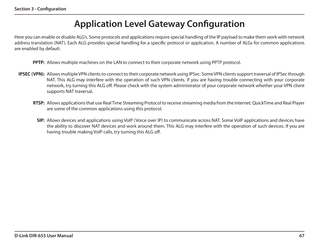 Gateway DIR-655 manual Application Level Gateway Configuration 