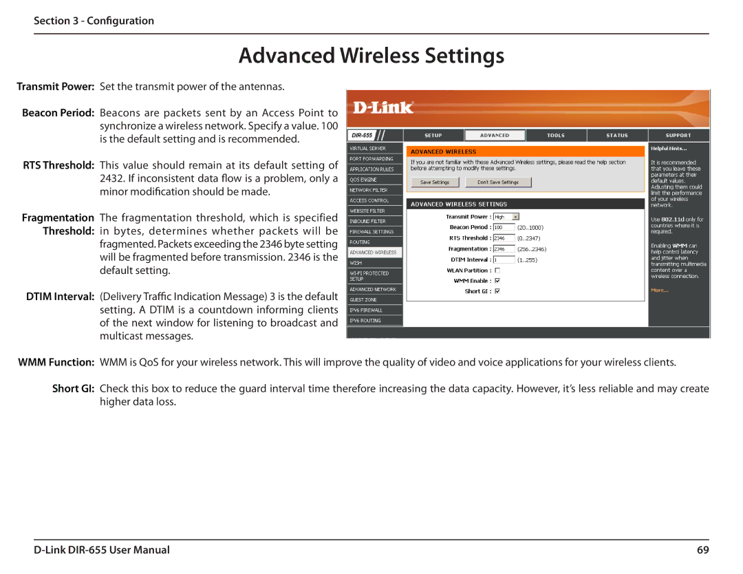 Gateway DIR-655 manual Advanced Wireless Settings, Transmit Power Set the transmit power of the antennas 