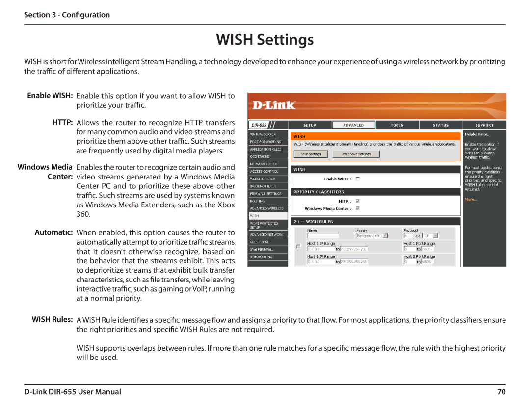 Gateway DIR-655 manual Wish Settings, Enable Wish, Automatic Wish Rules 