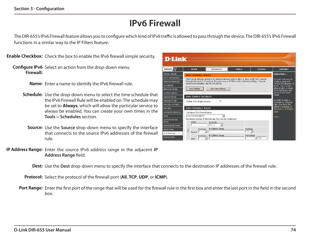 Gateway DIR-655 manual IPv6 Firewall, Address Range field 