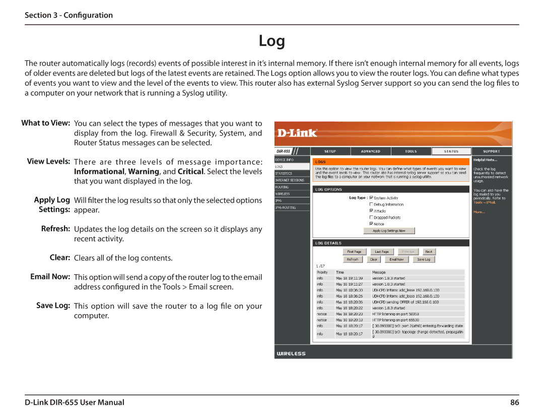 Gateway DIR-655 manual View Levels Apply Log Settings Refresh, Save Log 