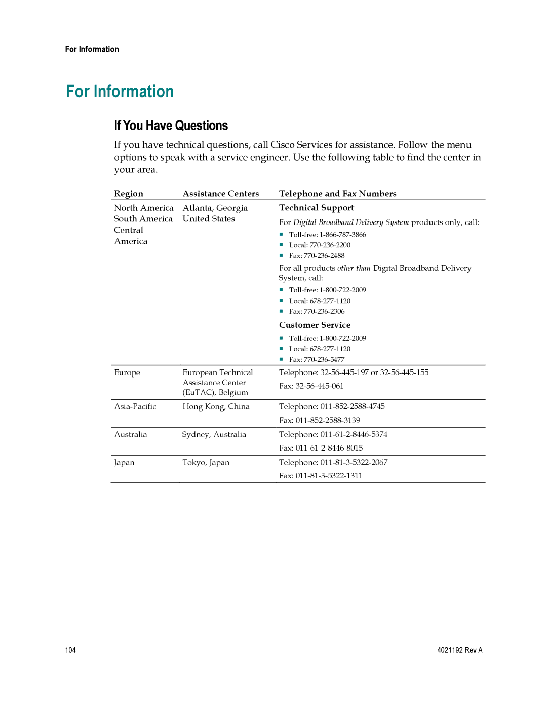 Gateway DPC3925, EPC3925 For Information, If You Have Questions, Region Assistance Centers Telephone and Fax Numbers 