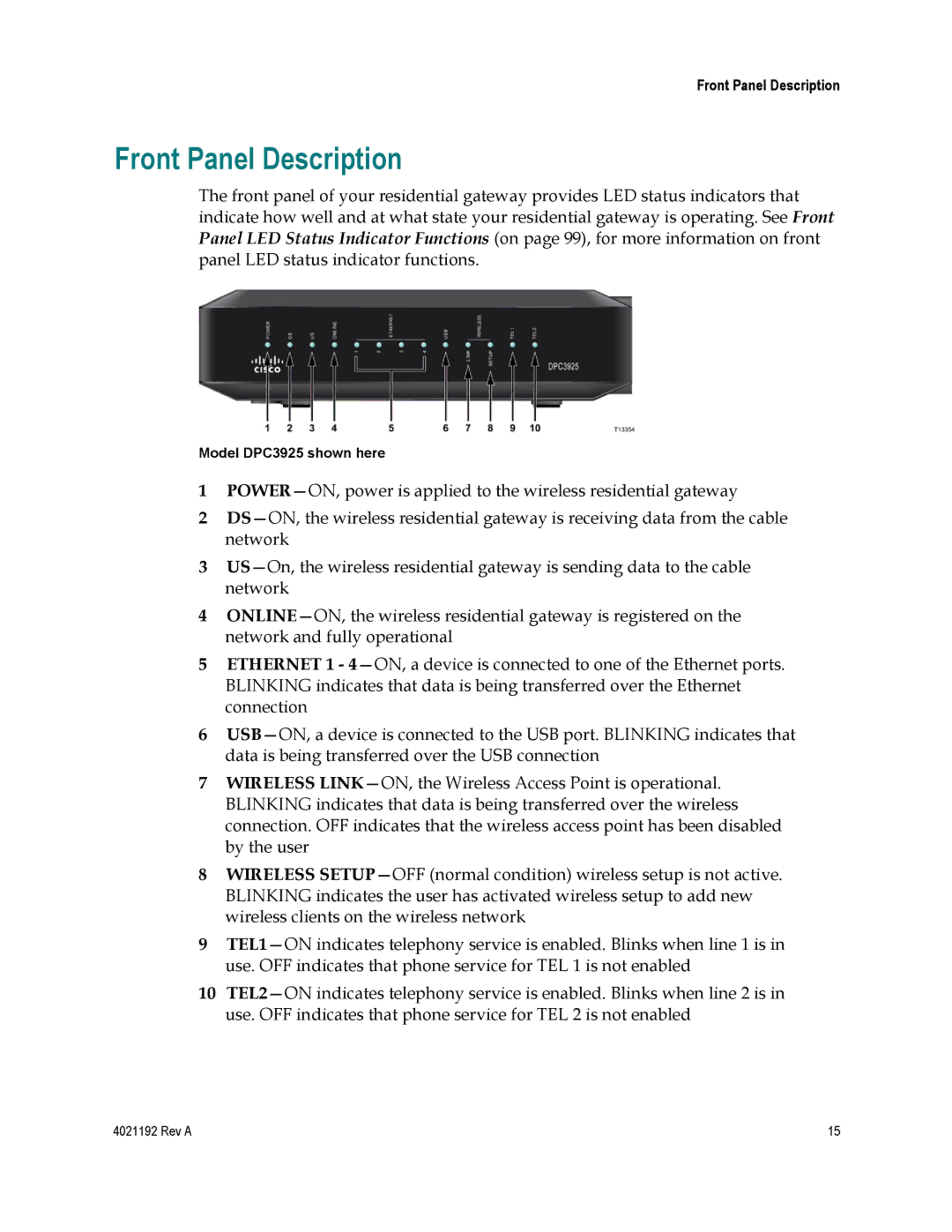 Gateway EPC3925, DPC3925 important safety instructions Front Panel Description 