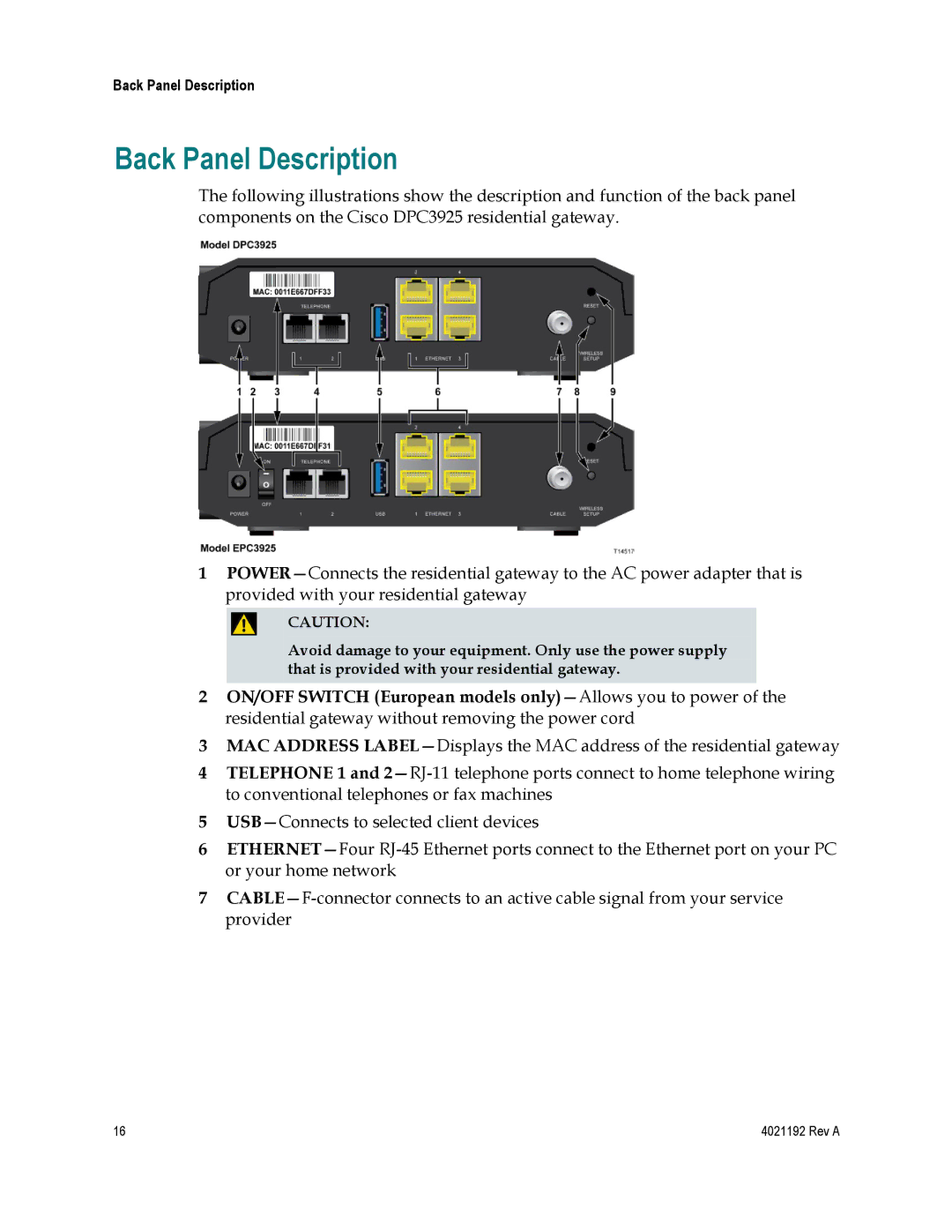 Gateway DPC3925, EPC3925 important safety instructions Back Panel Description 