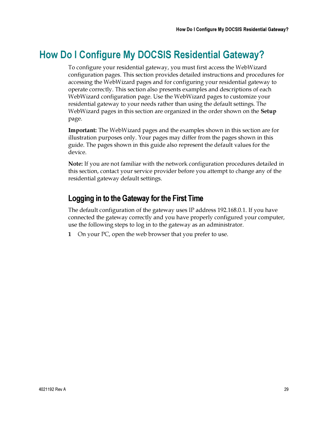 Gateway EPC3925, DPC3925 How Do I Configure My Docsis Residential Gateway?, Logging in to the Gateway for the First Time 