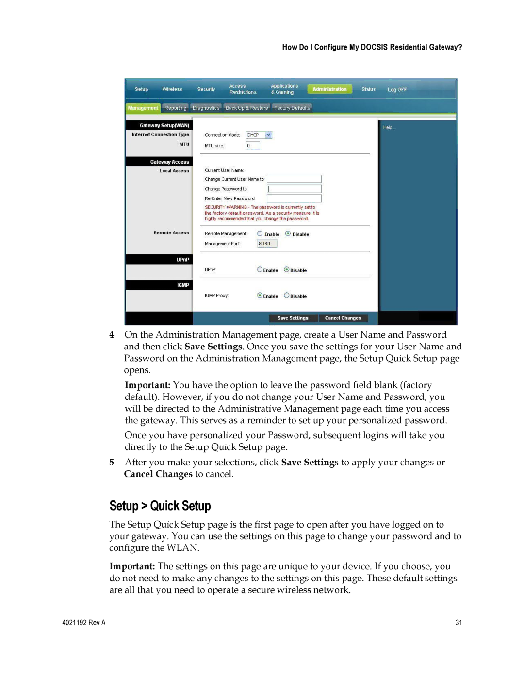 Gateway EPC3925, DPC3925 important safety instructions Setup Quick Setup 