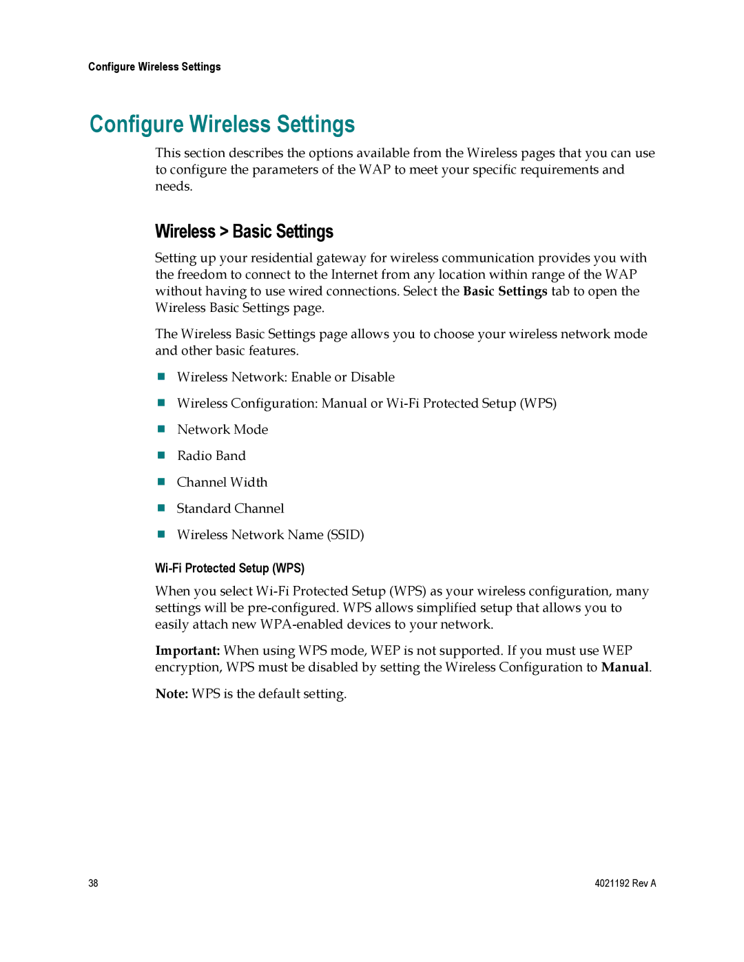 Gateway DPC3925, EPC3925 Configure Wireless Settings, Wireless Basic Settings, Wi-Fi Protected Setup WPS 