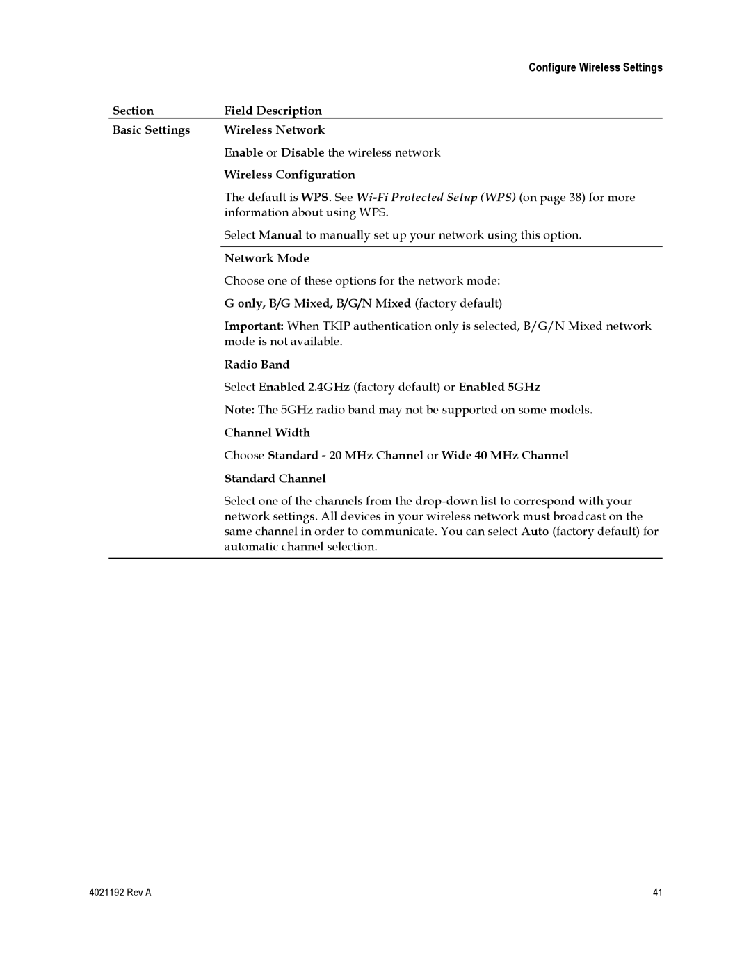 Gateway EPC3925, DPC3925 Section Field Description Basic Settings Wireless Network, Wireless Configuration, Network Mode 