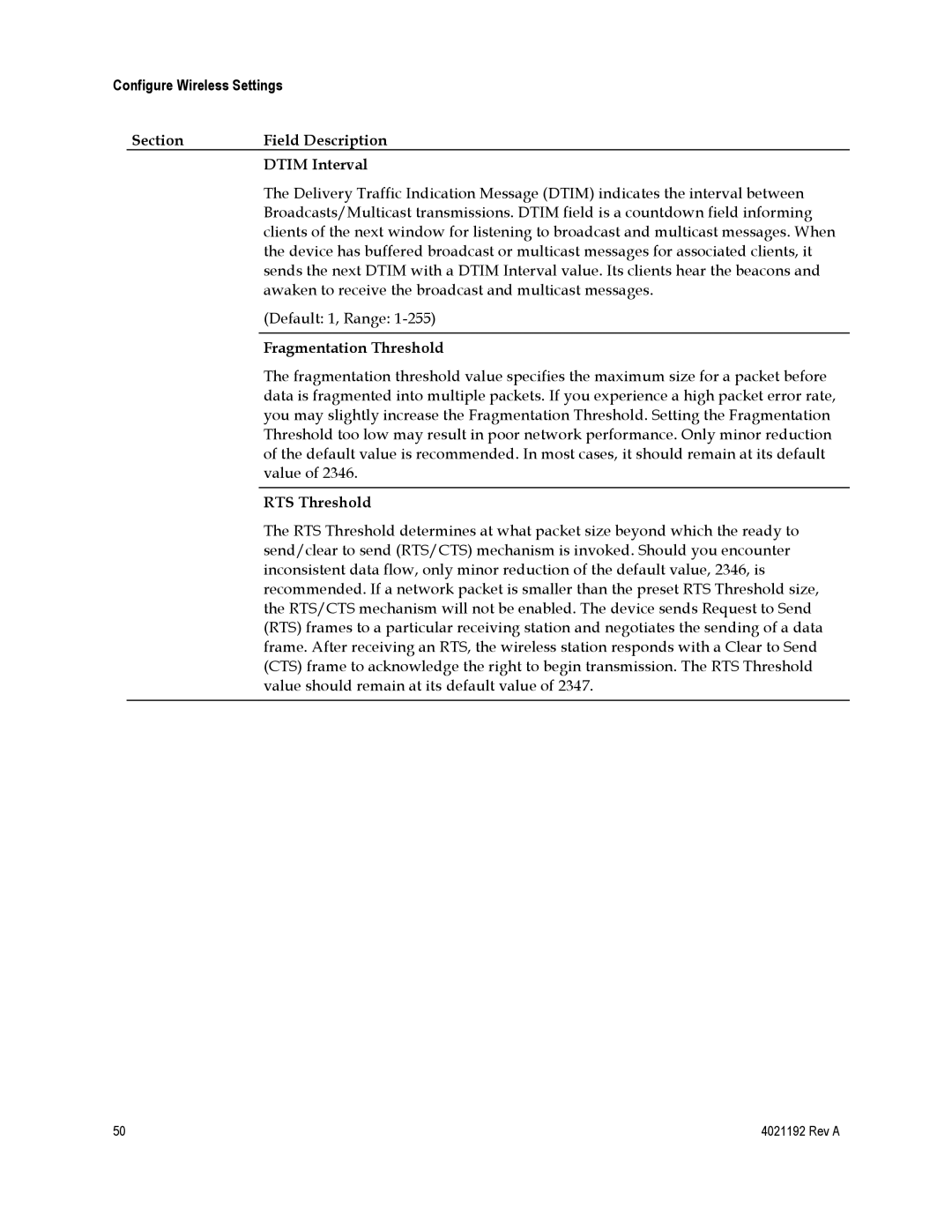 Gateway DPC3925, EPC3925 Section Field Description Dtim Interval, Fragmentation Threshold, RTS Threshold 