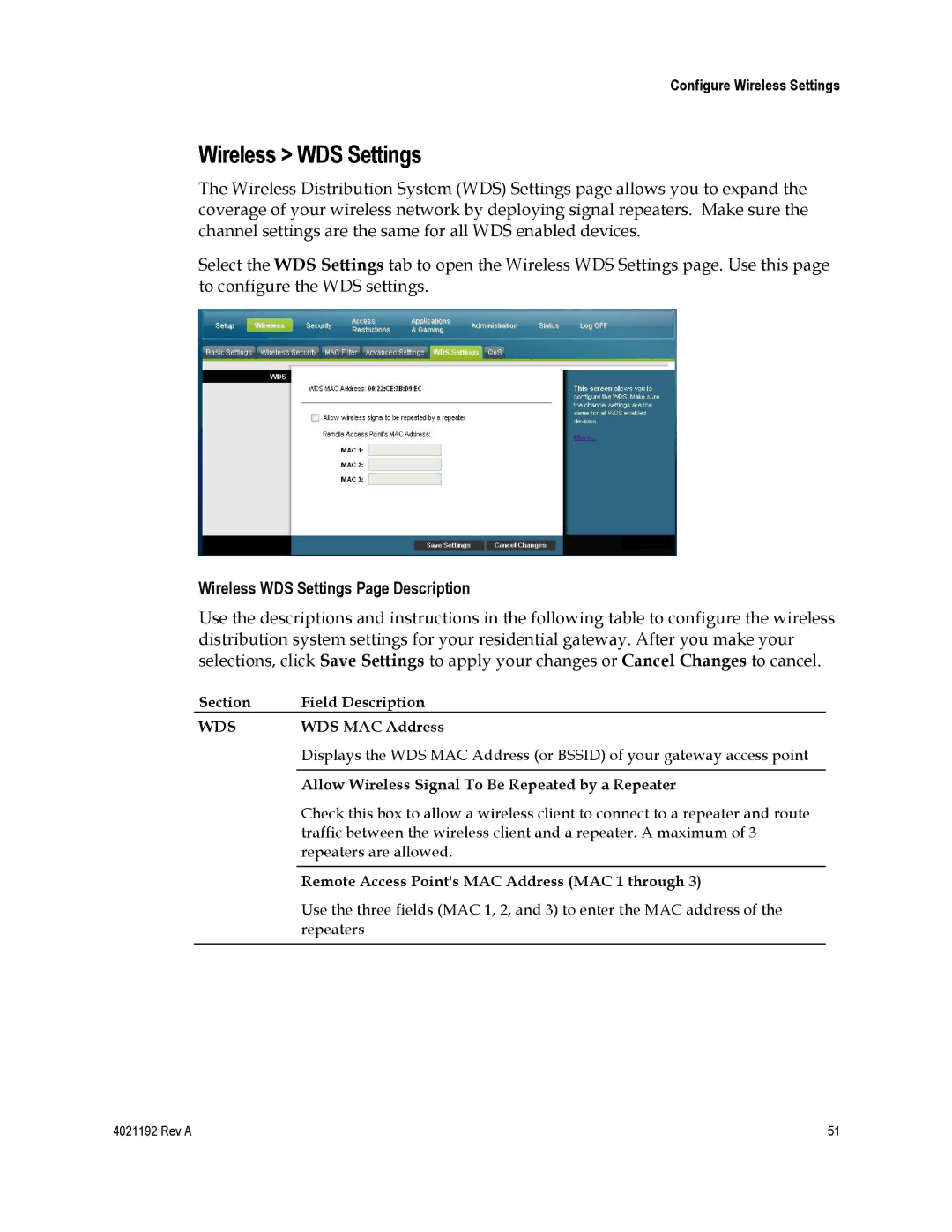 Gateway EPC3925, DPC3925 important safety instructions Wireless WDS Settings Page Description, Wds 