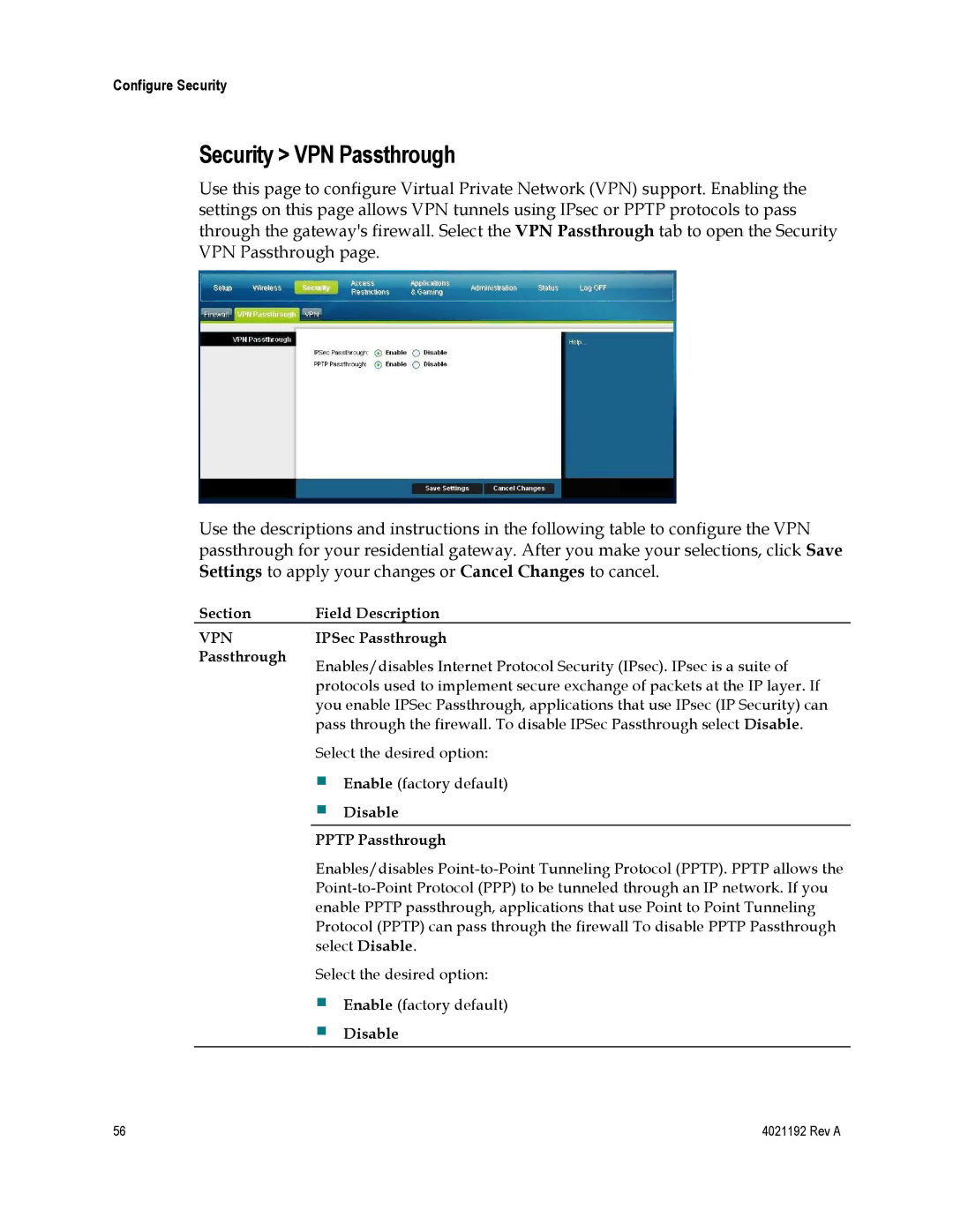 Gateway DPC3925, EPC3925 Security VPN Passthrough, Vpn, IPSec Passthrough, Disable Pptp Passthrough 