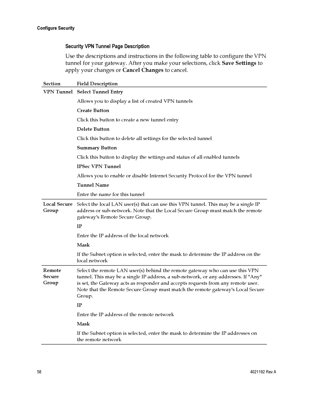 Gateway DPC3925, EPC3925 important safety instructions Security VPN Tunnel Page Description 