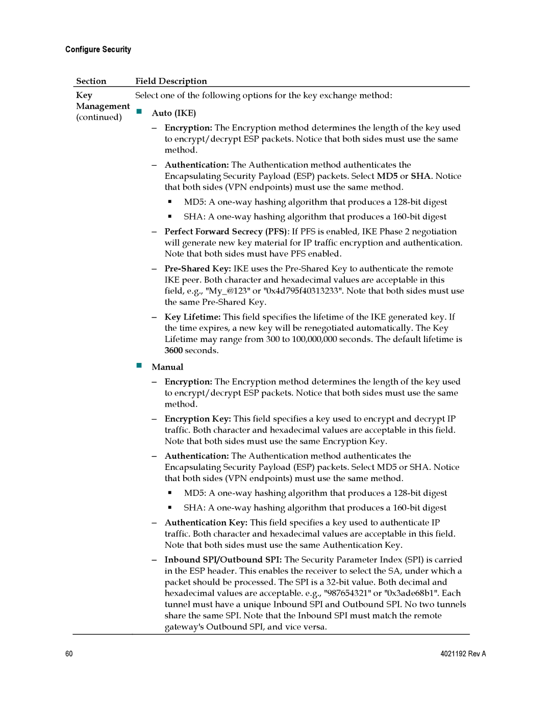 Gateway DPC3925, EPC3925 important safety instructions Section Field Description Key, Auto IKE, Manual 