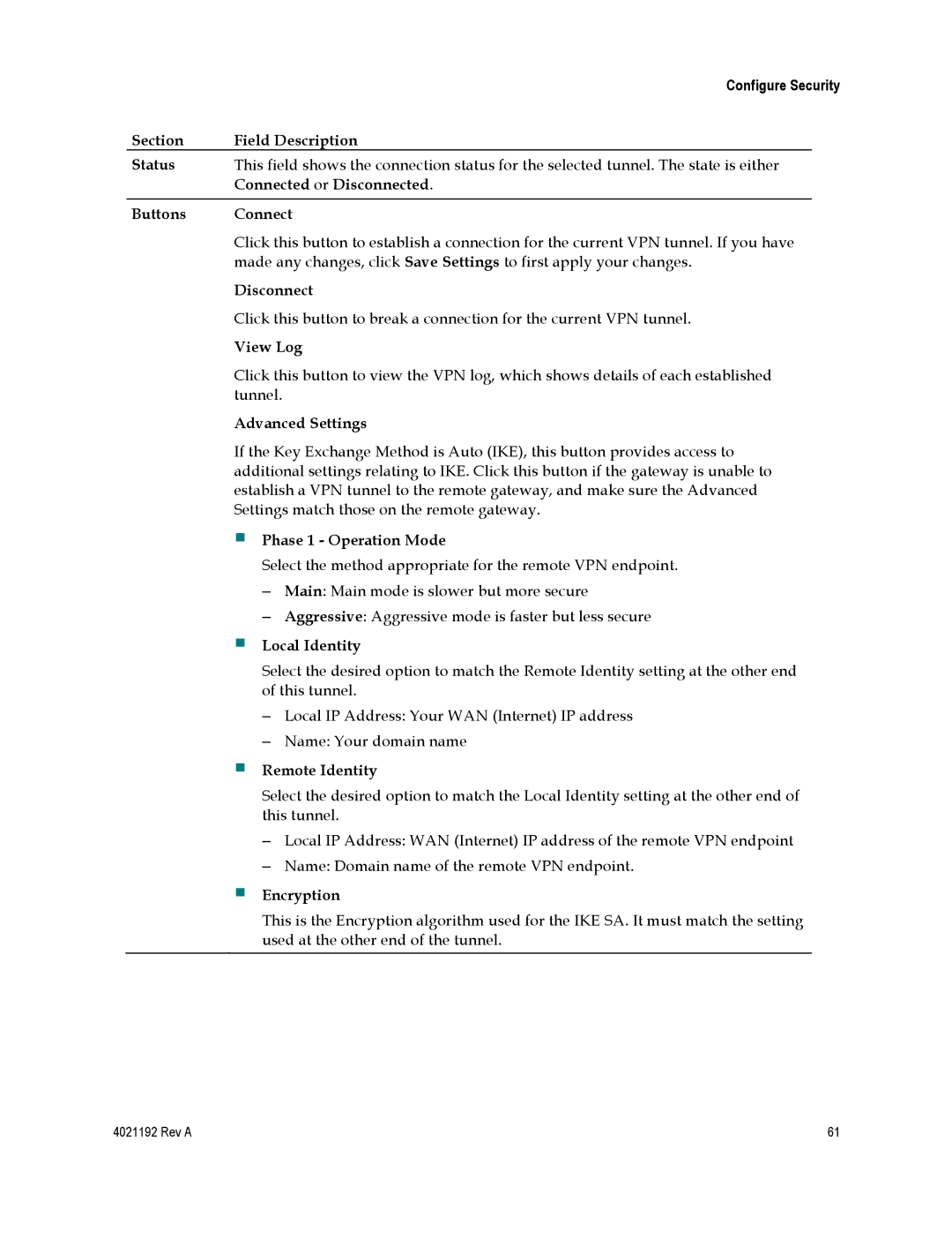 Gateway EPC3925 Section Field Description Status, Connected or Disconnected, Buttons Connect, View Log, Advanced Settings 