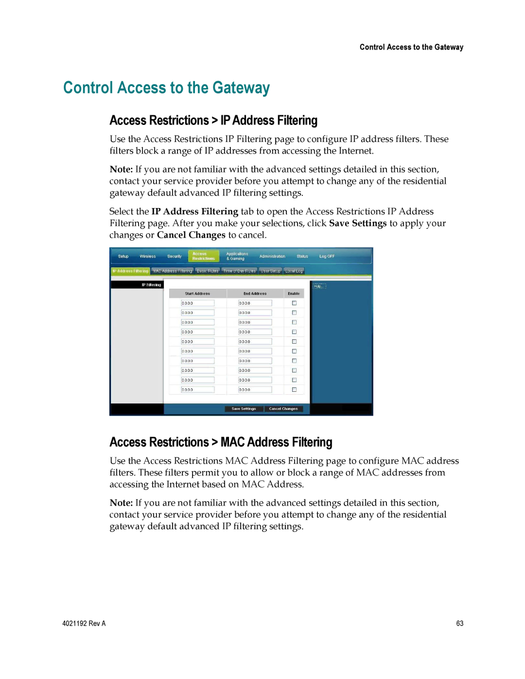 Gateway EPC3925, DPC3925 Control Access to the Gateway, Access Restrictions IP Address Filtering 