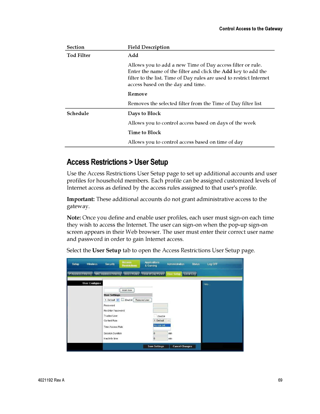 Gateway EPC3925, DPC3925 important safety instructions Access Restrictions User Setup 