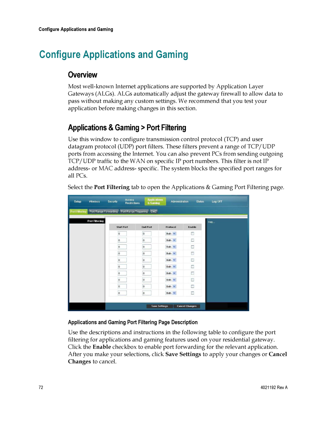 Gateway DPC3925, EPC3925 Configure Applications and Gaming, Overview, Applications & Gaming Port Filtering 