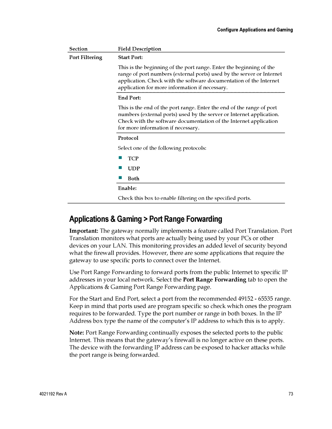 Gateway EPC3925, DPC3925 important safety instructions Applications & Gaming Port Range Forwarding, Tcp, Udp 