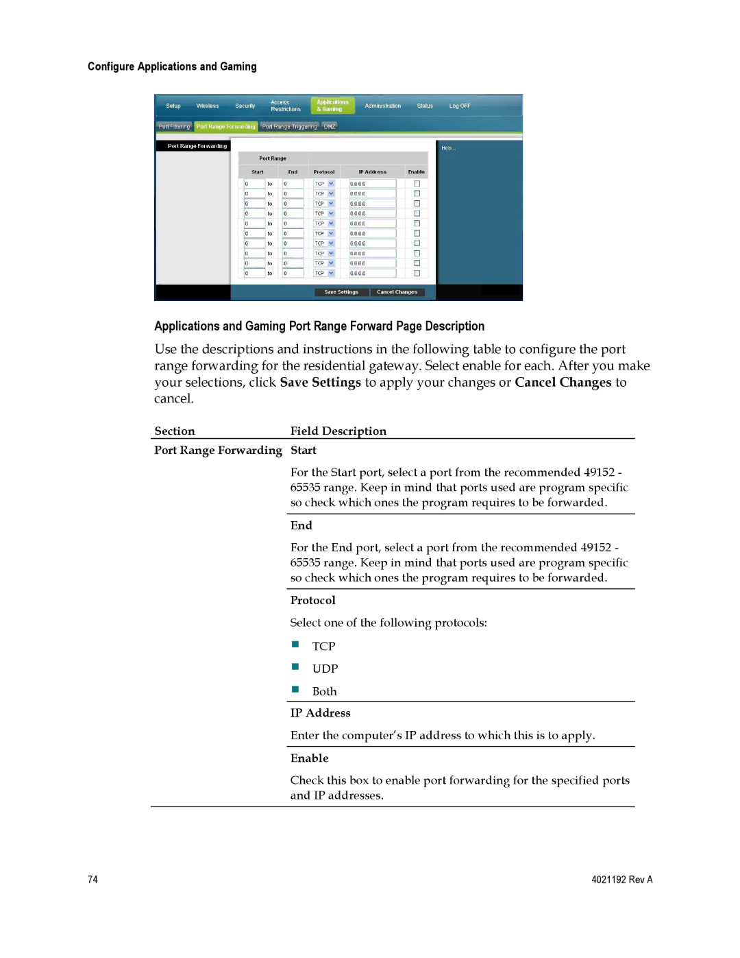 Gateway DPC3925, EPC3925 Applications and Gaming Port Range Forward Page Description, End, IP Address 