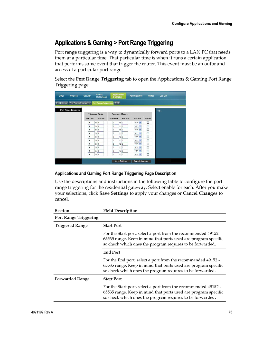 Gateway EPC3925, DPC3925 Applications & Gaming Port Range Triggering, Forwarded Range Start Port 