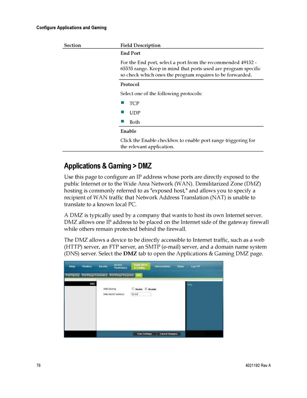 Gateway DPC3925, EPC3925 important safety instructions Applications & Gaming DMZ, Section Field Description End Port 