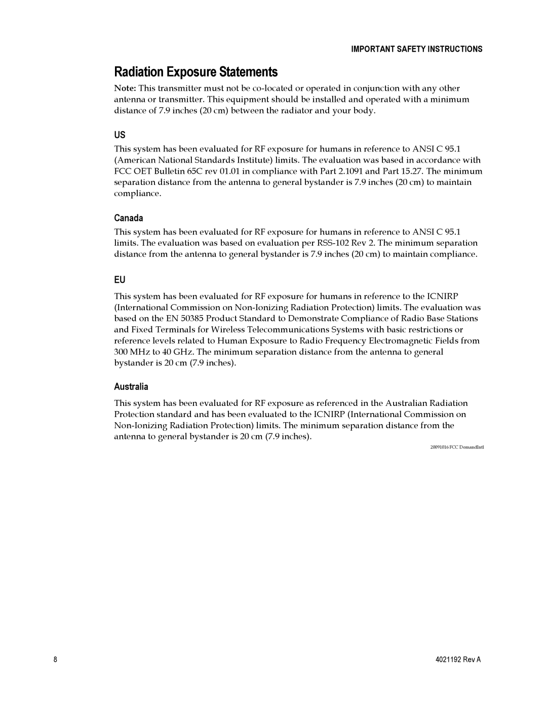 Gateway DPC3925, EPC3925 important safety instructions Radiation Exposure Statements, Canada, Australia 