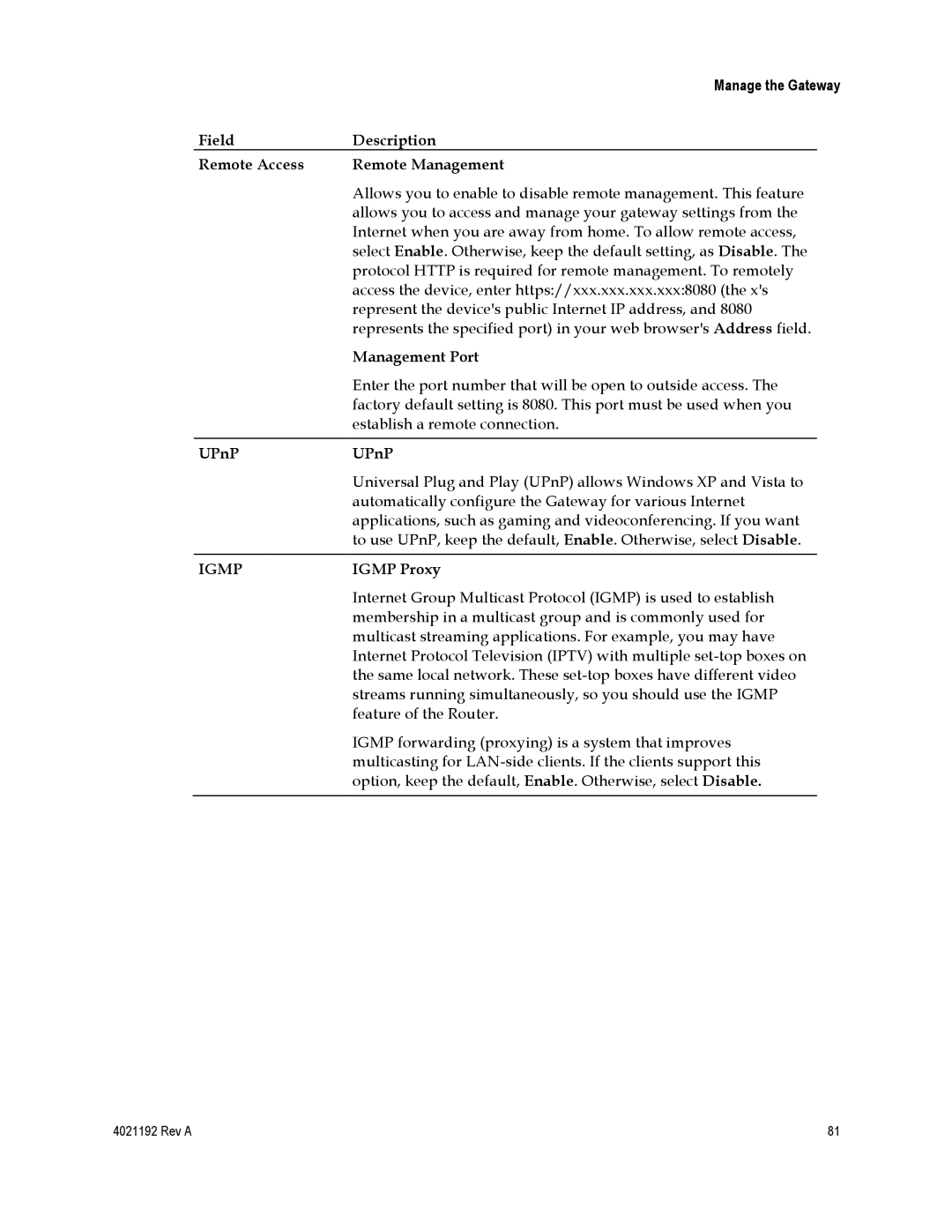 Gateway EPC3925, DPC3925 Field Description Remote Access Remote Management, Management Port, UPnP, Igmp Proxy 