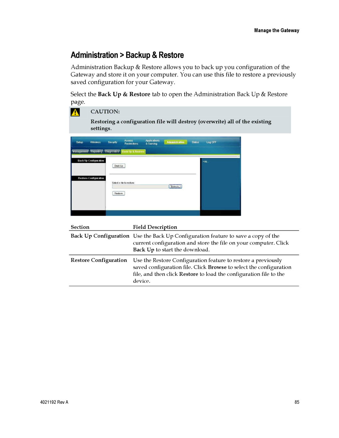 Gateway EPC3925, DPC3925 important safety instructions Administration Backup & Restore 