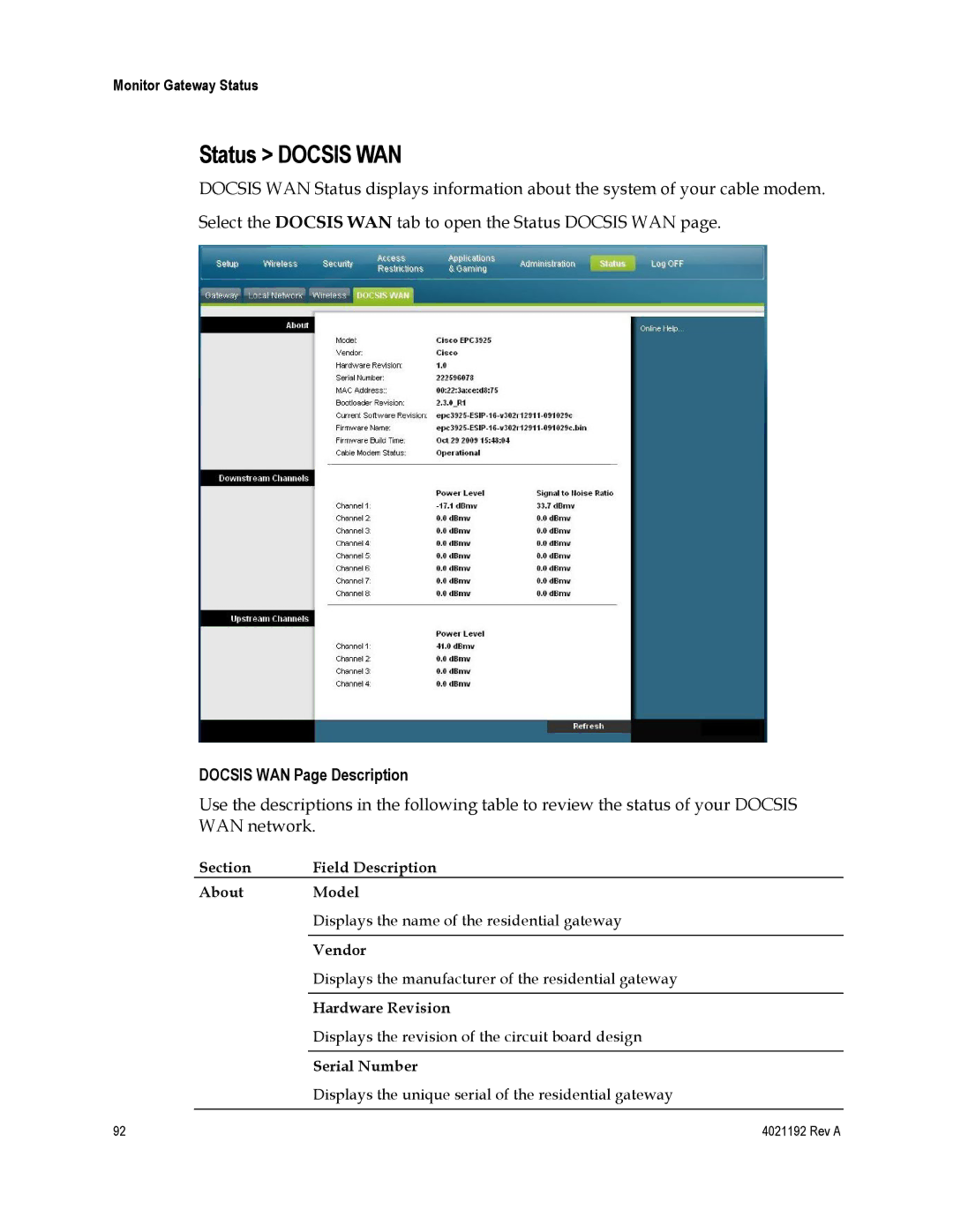 Gateway DPC3925, EPC3925 important safety instructions Status Docsis WAN, Docsis WAN Page Description 