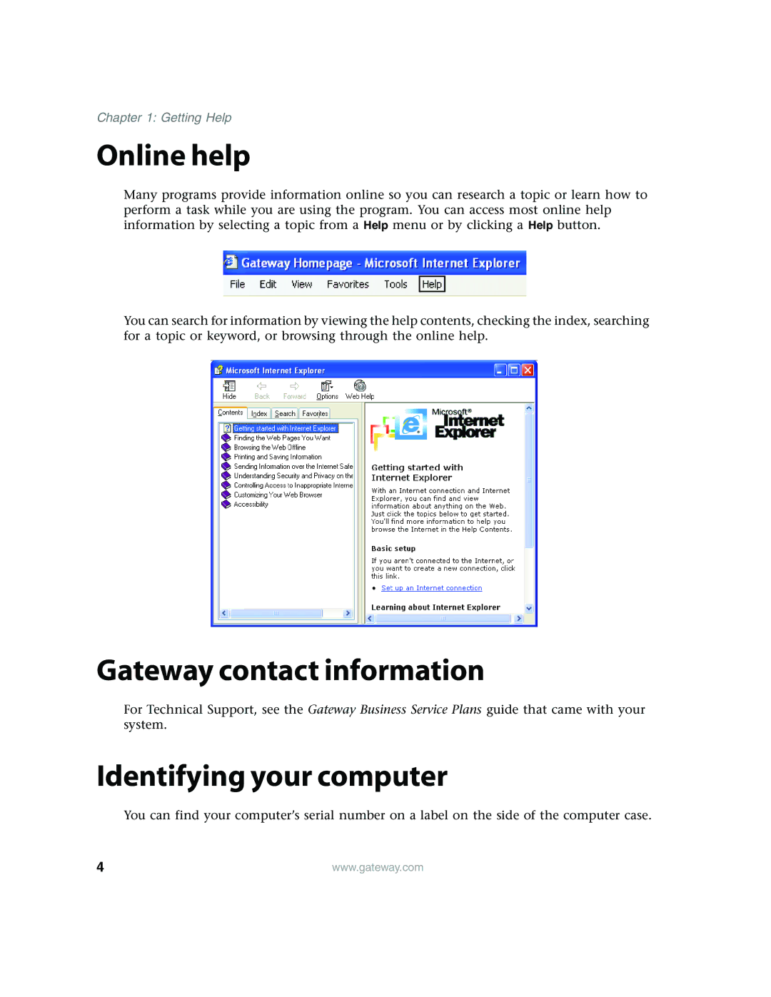 Gateway E4350 manual Online help, Gateway contact information, Identifying your computer 