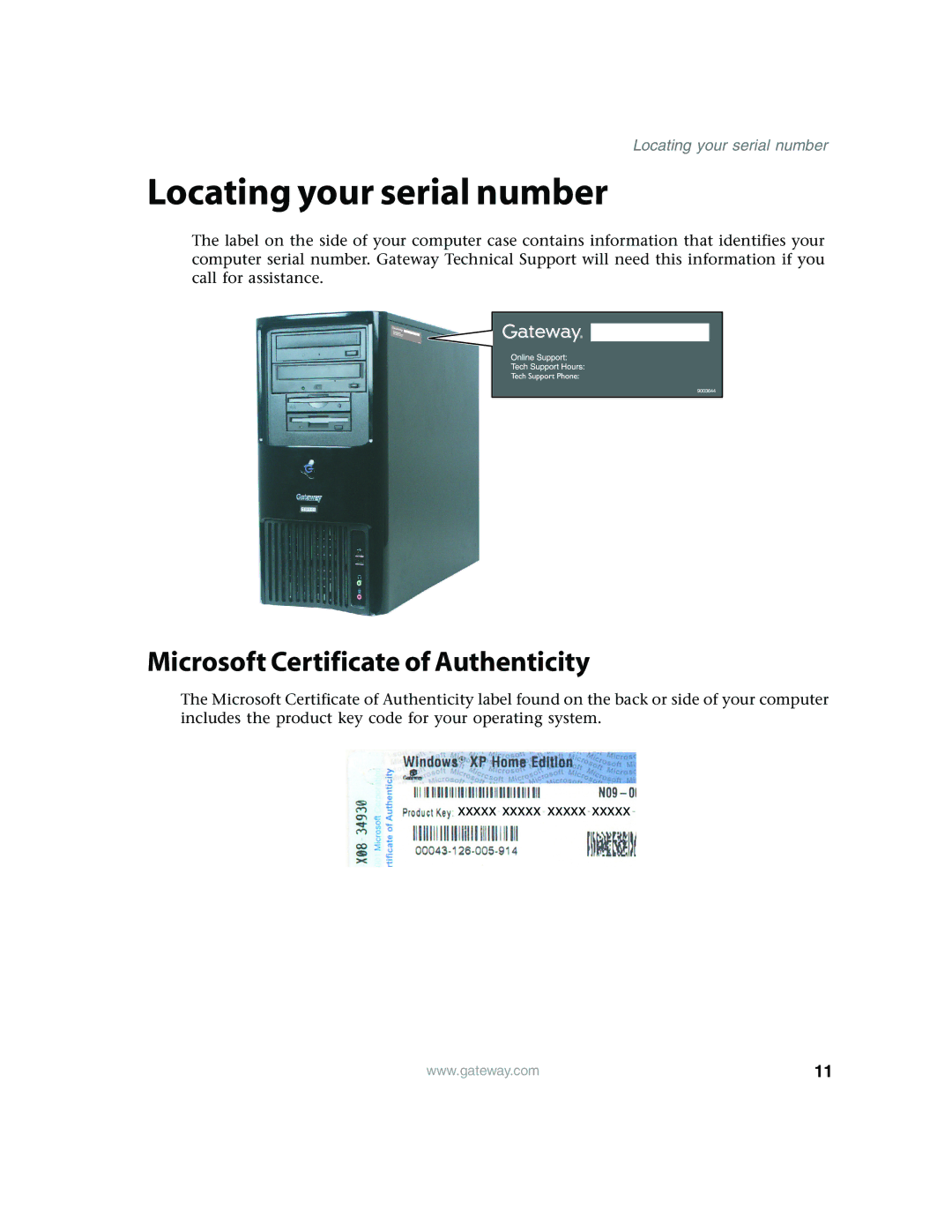 Gateway E4350 manual Locating your serial number, Microsoft Certificate of Authenticity 