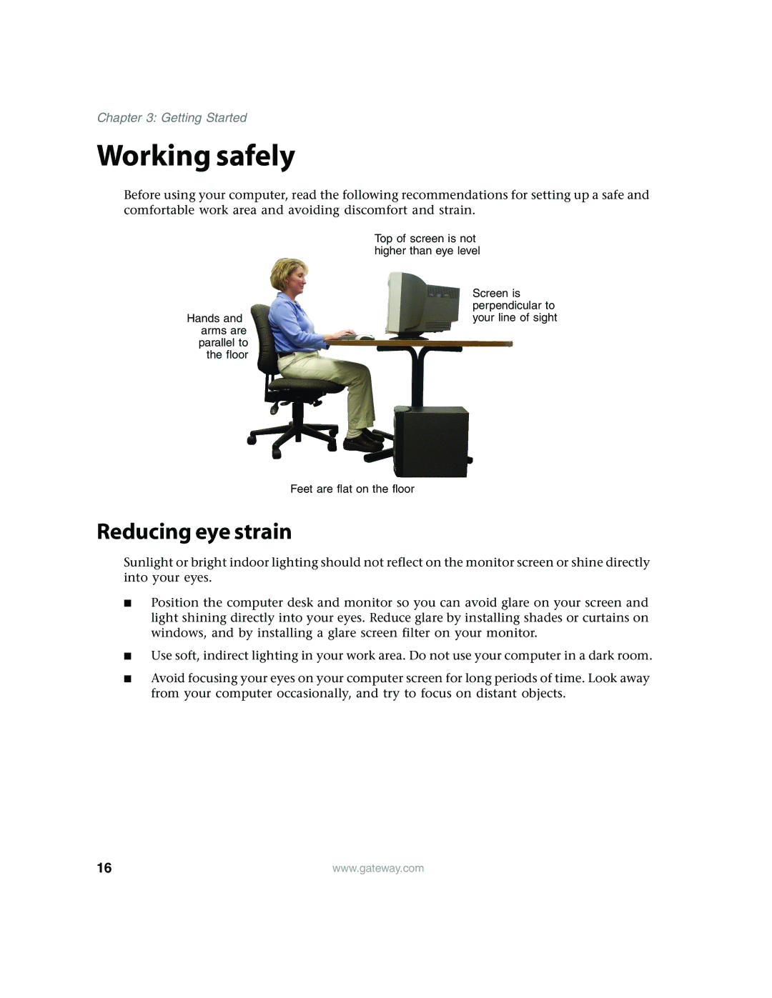 Gateway E4350 manual Working safely, Reducing eye strain 