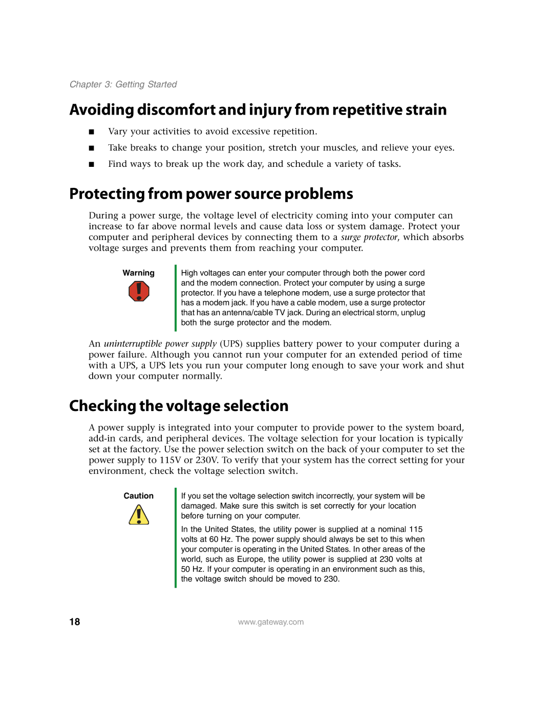 Gateway E4350 manual Avoiding discomfort and injury from repetitive strain, Protecting from power source problems 