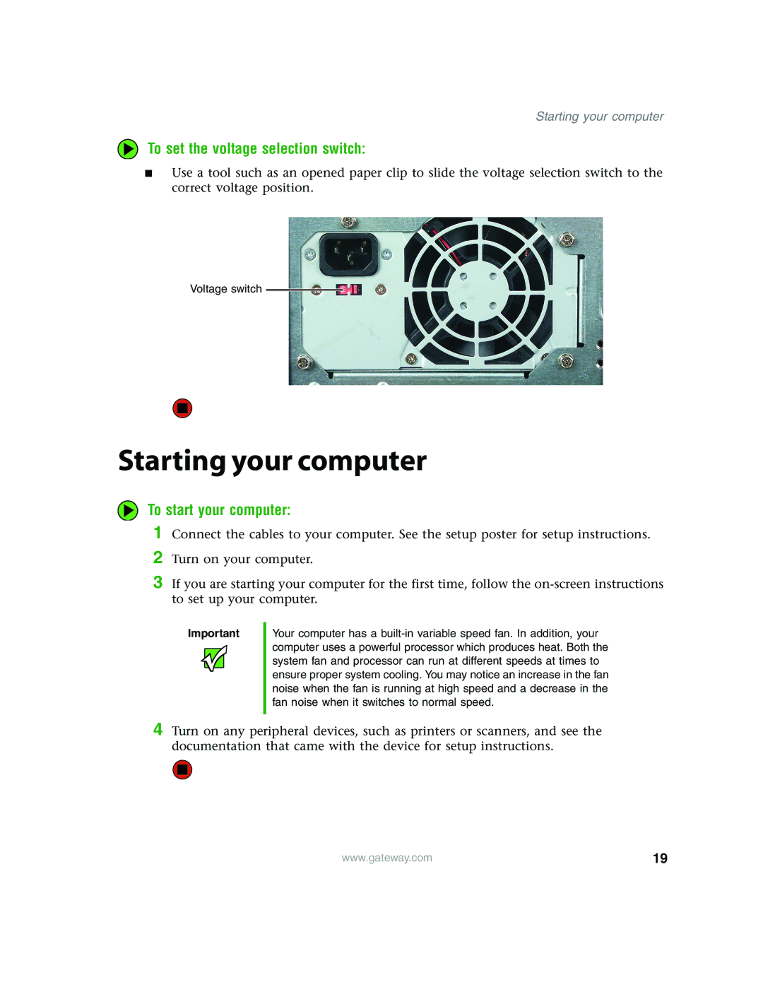 Gateway E4350 manual Starting your computer, To set the voltage selection switch, To start your computer 