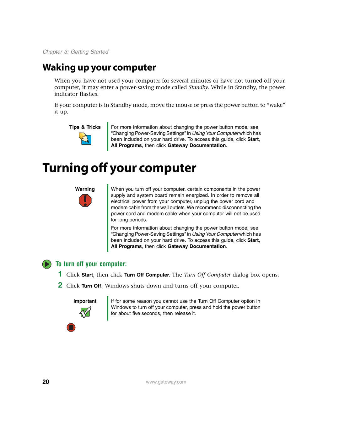 Gateway E4350 manual Turning off your computer, Waking up your computer, To turn off your computer 